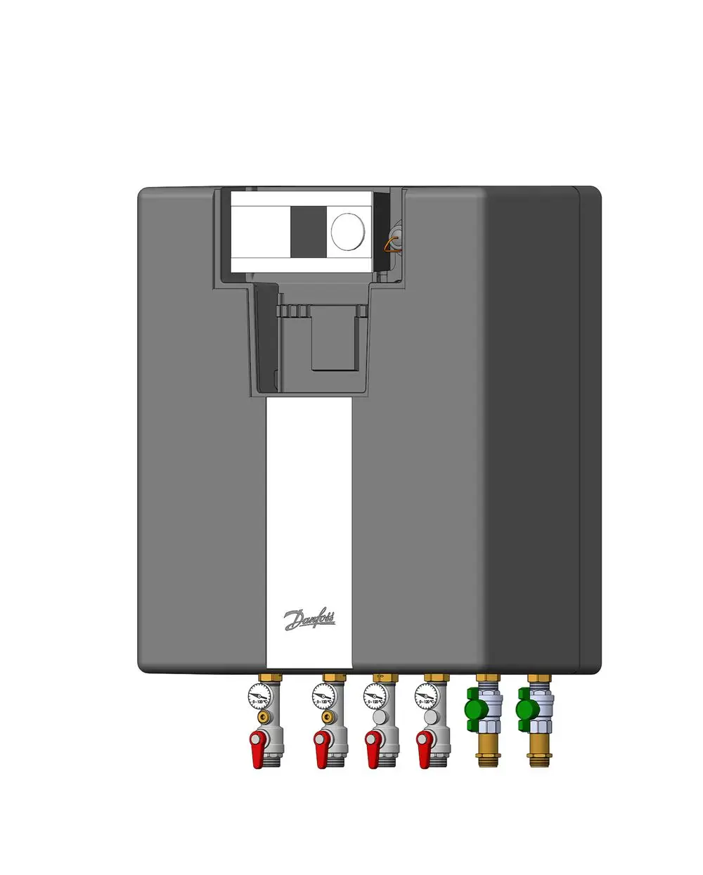 Hausstation mit mehreren Anschlüssen und Regulierventilen, ausgestattet mit Druckanzeigen. Hersteller ist Danfoss. Gehäuse in grauer Farbgestaltung.